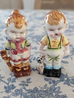 Vtg Chubby Face Red Head Boy And Girl Ceramic Figurines Cottage Decor Unique Fun